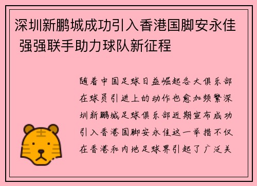 深圳新鹏城成功引入香港国脚安永佳 强强联手助力球队新征程